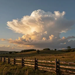 photorealistic sunlit cumulonimbus clouds float over a grassy, hilly expanse sparse with trees at sunset, rustic split log fence in the foreground, very detailed