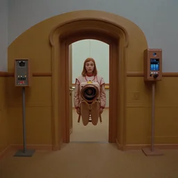 a movie still of “2001: A Space Odyssey” in the style of Wes Anderson