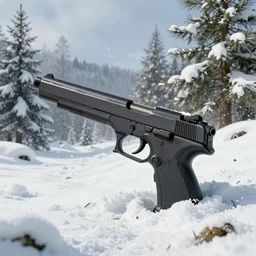 “gun nestled in the snow, trending on artstation, hyper realistic, digital art, pine trees, snowy,”