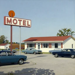 1 9 5 0 s americana painting of a motel and motel sign with cars parked outside by norman rockwell