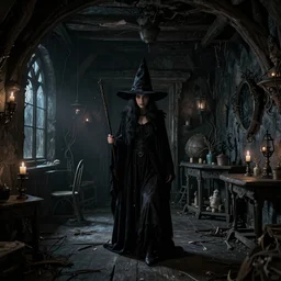 A witch in the shadows of a dark decrepit medieval cottage at night, highly detailed interior, hyperrealistic, Octane render, 8k UHD