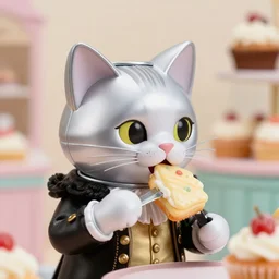 closeup profile face portrait of a tin toy cat dressed as a victorian lord eating cakes in a cupcakes shop, nicoletta ceccoli, mark ryden, lostfish, max fleischer, hyper realistic, artstation, illustration, digital paint, matte paint, vivid colors, bright, cheerful, detailed and intricate environment