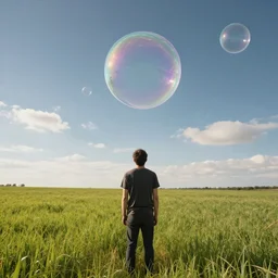 a man in a field looking at multiverse bubbles in the sky