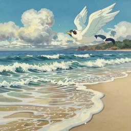 Australian beach, clouds and wings and waves, by studio ghibli painting, by Joaquin Sorolla rhads Leyendecker, An aesthetically pleasing, dynamic, energetic, lively, well-designed digital art of a beach, ripples, waves, sea foam, light and shadow, ocean caustics, overlaid with aizome patterns, by Ohara Koson and Thomas Kinkade, traditional Japanese colors, superior quality, masterpiece