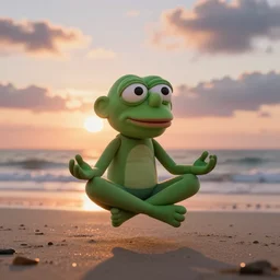 Rare Pepe in happy meditation floating in a vaporware sunset beach