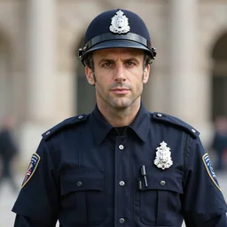 emmanuel macron wearing a police officer uniform, highly detailed, digital art, sharp focus, trending on art station