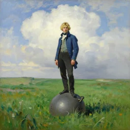 painting by caspar david friedrich of a waifish blonde napoleonic young man standing on a landmine!!!!!!! in a lush green field. lonely!!!!! big white clouds. blue jacket. visible brush strokes, hd image