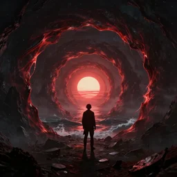 dark matter red infernal world future landscape ocean and sun limbo spiral hyper reflection in the horror them open street schizophrenia and stratification of consciousness mind mad spirit man highly detailed full HD 8K resolution