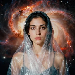 a closeup portrait of a woman wrapped in plastic, standing in front of a burning nebulae, color photograph, by vincent desiderio, canon eos c 3 0 0, ƒ 1. 8, 3 5 mm, 8 k, medium - format print