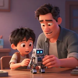 a film still of a 3D animated Pixar movie where a father is helping his son build a robot, medium shot, character reaction, Pixar and Disney animation, sharp, Rendered in Unreal Engine 5, by Greg Rutkowski, Bloom, dramatic lighting, acting, film still