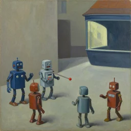 infinite whack - a - mole with robots, grant wood, pj crook, edward hopper, oil on canvas