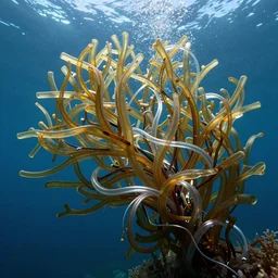 thousands of tubes and cables of translucent gold and silver form the shape of a branching coral that is unraveling and twisting like seaweed blowing in a swift current, underwater, lit from above, hyperrealistic