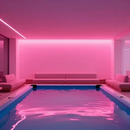 minimalistic photography of a lounge room with pool, neon lights, high definition, 8 k, high resolution, pink water reflections, interior design, 1 2 mm lens, award winning