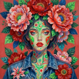 hyper detailed masterpiece, floral pattern, jean giraud, red, green, blue, digital art painting, matte painting, beautiful, floral headpiece, extreme psychedelic, artgerm, donato giancola, tom bagshaw