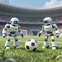 a soccer game between robots, futuristic paint