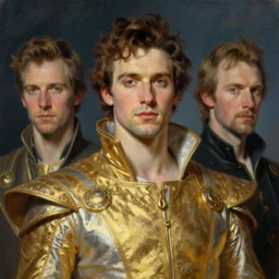 portrait of a man dressed in a gold and silver costume, head shoot, art by alex heywood and gaston bussiere, albert lynch, fantasy art, reimagined by industrial light and magic, oil on canvas, hd