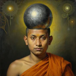 surreal detail potrait of sri lankan 8 0's buddhist monk with metal sphere as head,, painting by james jean, craig mullins, j. c. leyendecker, lights, art by ernst haeckel, john william godward, hammershøi