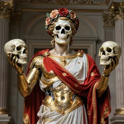 a man in the form of a Greek sculpture with a mask in the form of a skull and wreath of flowers skulls in hands dressed in a biomechanical dress, red white and gold color scheme, baroque, by Michelangelo, trending on artstaion