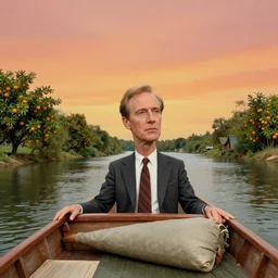surreal art of portrait of rod serling on a boat, on a river, with tangerine trees and marmalade skies