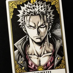 Portrait of dio brando displaying his scar on neck, high fantasy, black paper, dark atmosphere, detailed, cinematic, ornate, tarot card, highly detailed, ink illustration, golden ratio, 8k