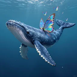 digital painting of a singular fictional whale by mohamed solah, art limited whale by bahar moumivand, the whale has tiny multiple holographic butterfly wings on its backside, fully detailed, 4 k, octane render quality, real footage, psychedelics featured on artstation, subreddit / r / whale