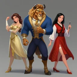 characters from beauty and the beast combined with mulan, fullbody dynamic poses, fantasy, intricate, elegant, highly detailed, digital painting, artstation, concept art, matte, sharp focus, illustration, art by sinix and marco bucci