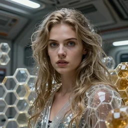 portrait of a beautiful woman in midst of transparent clear see - through honeycombs. spaceship environment, dramatic lighting, ultra realistic, highly detailed, concept art, photorealistic, octane render, 8 k, unreal engine. art by gustave dore, art by boris vallejo, art by julie bell, art by christopher marley, art by artgerm, art by alphonse mucha