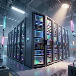 an immaculate volumetric path tracing lighting render of a large rack of beautiful iridescent device at che center of a in a vast modern datacenter, fog, god rays, and nixie tubes by Zdzisław Beksiński and beeple, beautiful modern colors, ultradetailed, 4k ultra