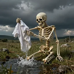 skeleton spilling water on his favourite shirt and being mad about it, render, funny