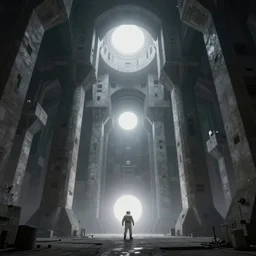 the depths of a matrioshka world, large pillars holding up an artificial ceiling, escher inspired architecture, rigid artificial brutalism, misty environment, ominous white diffuse orbs of light, alan bean influences