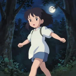 anime visual, portrait of a curious young girl walking in a forest at night, night sky, very dark, moon, cute face by ilya kuvshinov, yoh yoshinari, dynamic pose, dynamic perspective, rounded eyes, kyoani, natsume yuujinchou, smooth facial features, mamoru hosoda
