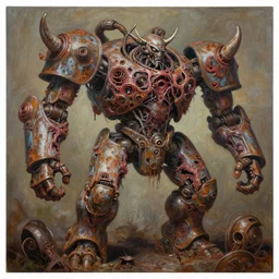 thick acryilic painting on necrotic skin of flayed god machines, cluster battle chaos, intricately macerated by age, sentient, dethroned goliath machine, whipping blood turbines, hydrocracking battles, rusted, macerated, eviscerated by fimbria wires, bicornate fungal pit, trash patina sheen rotting, by alberto bontempi