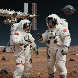 extreme long shot of a soviet cosmonaut in mars, mets for the first time with an alien civilisation, spreads the word of the revolution, cccp international space station in the background, sovietwave aesthetic, sci fi, soviet futurism, socialist realism, volumetric lighting, ultra detailed, hyperrealistic, photoshopped, octane render
