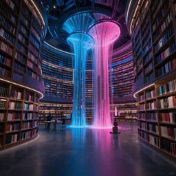 hyperrealistic futuristic library hall, very detailed, technology, cyberpunk, dark blue and pink volumetric light, cgsociety, in the style of artgerm and artstation