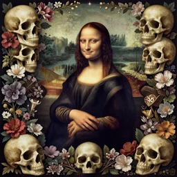 The oracle of the dreaming surrounded by floral skulls, italian futurism, da vinci, Dan Mumford, Josan Gonzalez