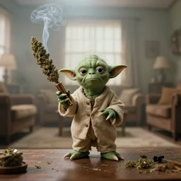 yoda smoking a large blunt, weed, getting high, wide angle, 8 0 s living room, hazy, 3 5 mm, f / 2. 8