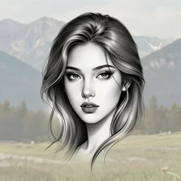 tattoo design sketch of a beautiful woman face, faded background of beautiful mountains and nature on the side, hyper - realistic, in the style of den yakovlev, amazing detail, black and white