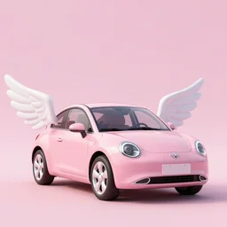 a pastel pink car with wings