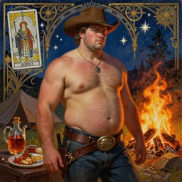 a dramatic, epic, ethereal painting of a handsome! thicc! shirtless cowboy with a beer belly wearing a large belt | background is a late night campfire with food and jugs of whisky | homoerotic | fire, flames, stars, tarot card, art deco, art nouveau, mosaic, intricate | by Mark Maggiori | trending on artstation