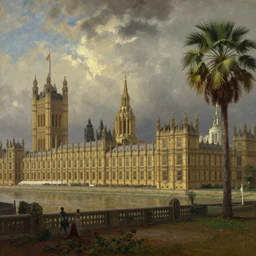Houses of Parliament with palm trees, traditional oil painting by Constable, detailed