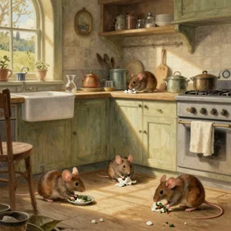 a Beatrix potter illustration of mice cleaning the kitchen