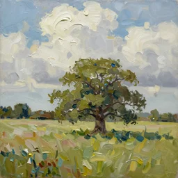 oil paint impasto relief of sussex summer field, raining, oak tree painted with thick heavy expressive paint and cumulus clouds, less thick expressive paint