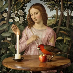 botticelli spring sitting behind a wood circular table with a candle on top and a turdus rufiventris eating a red apple