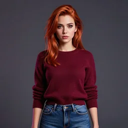 synthwave vaporware style, an insanely detailed realistic depiction of beautiful jodi from stardew valley wearing burgundy sweater and denim jeans, auburn hair, pretty brown eyes, in the style of peter mohrbacher, artgerm, dramatic lighting and composition, octane render, trending on artstation, concept art 8 k