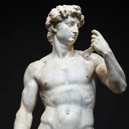 michelangelo sculpture, light matte marble, dark high glossy translucent quartz veins, vivid studio light, high quality, black sokkel