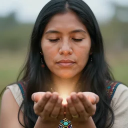 a beautiful closeup portrait of an indigenous female shaman receiving particles of loving light energy from above, god rays, designed by dr seuss and michal karcz, by christophe vacher