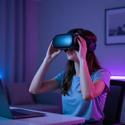 classic art of a woman playing with a vr headset in a blue and purple lit room art