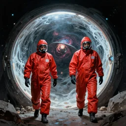 two scientists wearing red hazmat suits entering lsd nebula portal by frank frazetta
