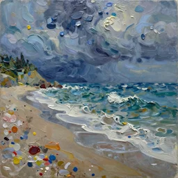 oil paint impasto relief, beautiful evening italian beach scene, stormy rough sea, multi layered thick brush marks, some splattered paint, in the style of ivan shishkin and frank auerbach and van gogh