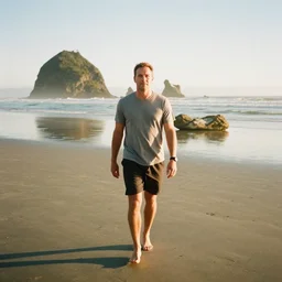 a film candid photography of a man, athletic, walking towards camera on an Oregon beach, facing camera, natural lighting, golden hour, well lit, Kodak gold 200 film, trending on instagram